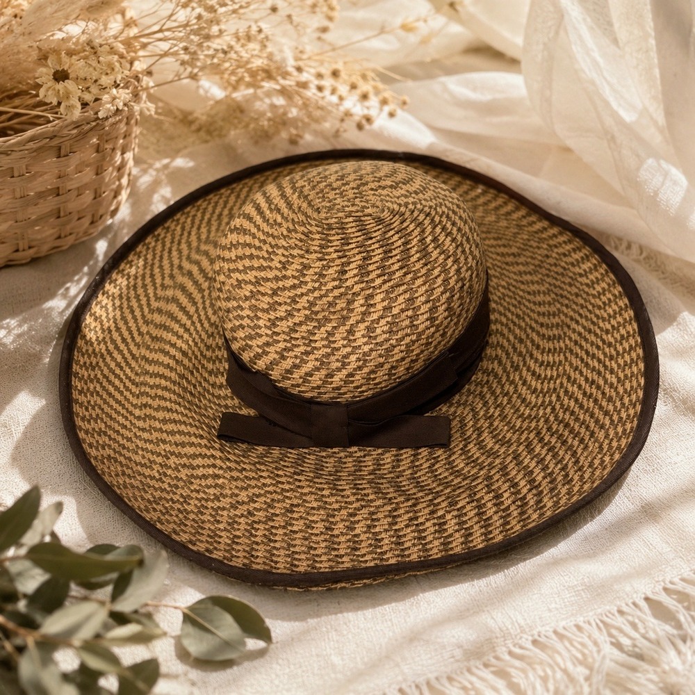 Obagi Medical Womens Wide Brim Straw Sun Hat Brown Ribbon Bow Beach Summer